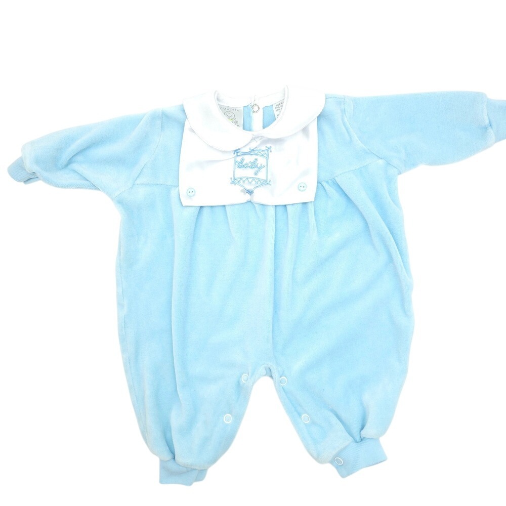 Rumble Tumble Romper Baby Blue Velour Peter Pan Collar Embroidered 6-9 Months